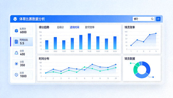 体育数据分析界面展示多项比赛统计指标与图表