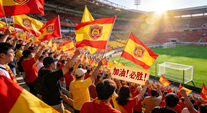 足球场看台上球迷挥舞助威旗帜的赛事现场画面